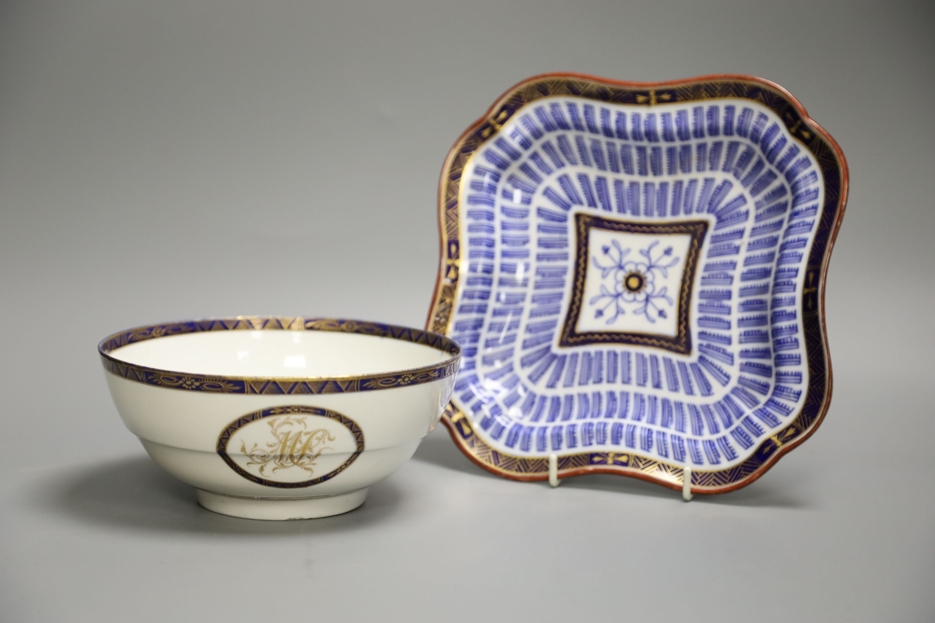 An 18th century Worcester square shaped dish with the Music pattern, 24cm, and a Worcester Flight period bowl
